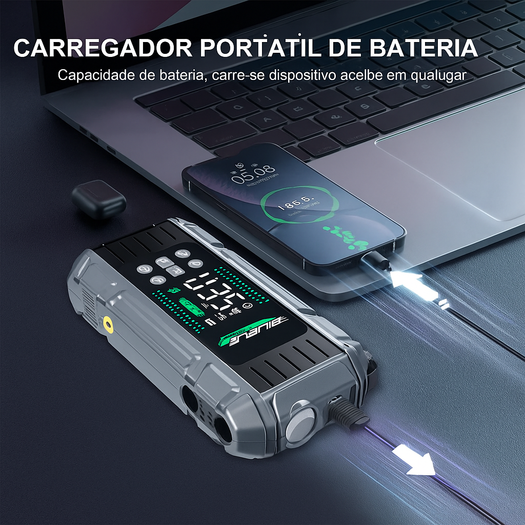 Jump Starter 6000A com Bomba de Ar 150PSI – Emergência Automotiva | Esquenta Black Friday