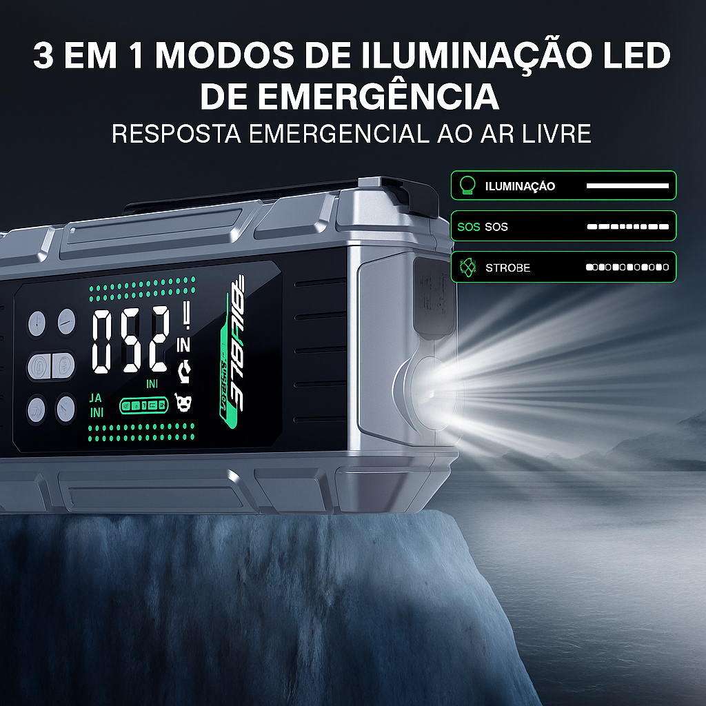 Jump Starter 6000A com Bomba de Ar 150PSI – Emergência Automotiva | Esquenta Black Friday