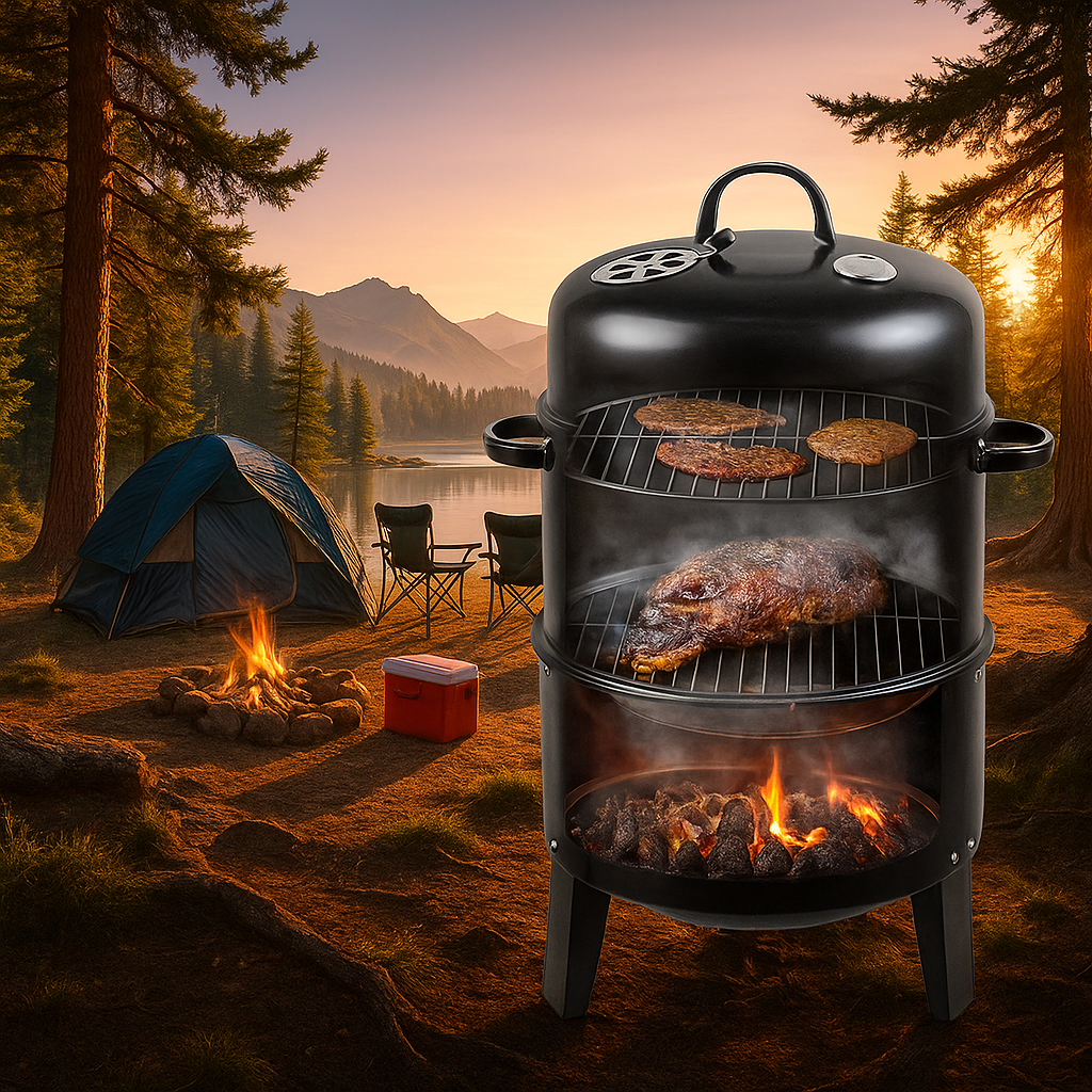 Churrasqueira e Defumador 3 em 1 Portátil a Carvão com Termômetro Embutido - 🔥Black Friday🔥