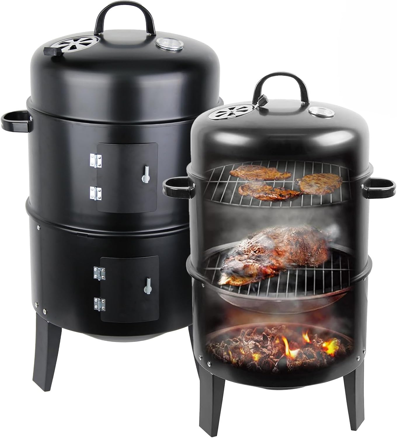 Churrasqueira e Defumador 3 em 1 Portátil a Carvão com Termômetro Embutido - 🔥Black Friday🔥